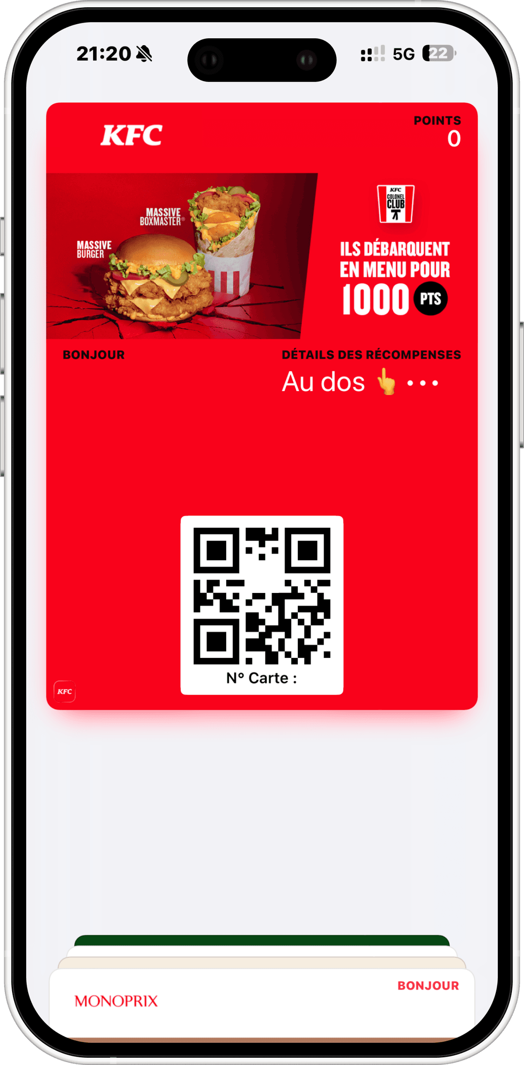 Carte de fidélité KFC dans Apple Wallet sur iPhone