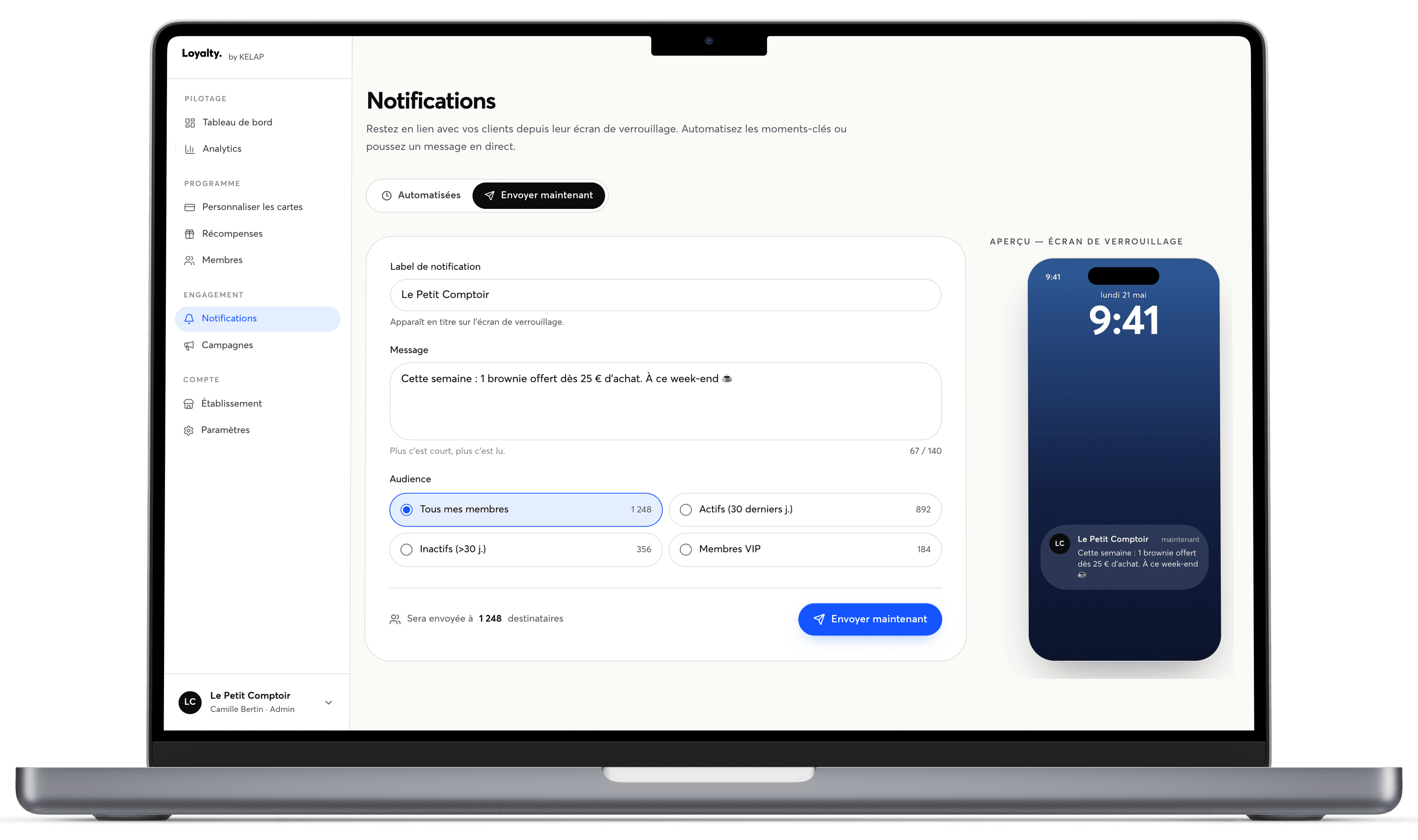 Création d'une notification push depuis le studio Loyalty sur MacBook Pro 16